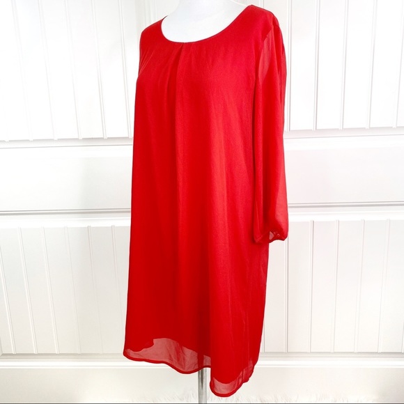 Pleione Hot Coral Red Chiffon A-line Shift Dress - Picture 3 of 5